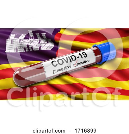 Flag of the Balearic Islands Waving in the Wind with a Positive Covid 19 Blood Test Tube by stockillustrations