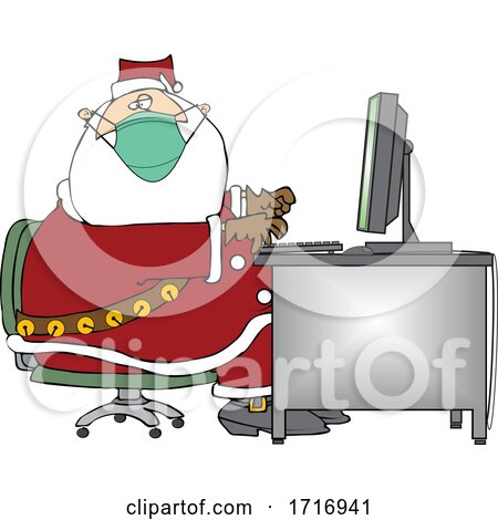 Cartoon Christmas Santa Claus Wearing a Mask at a Computer Desk by djart