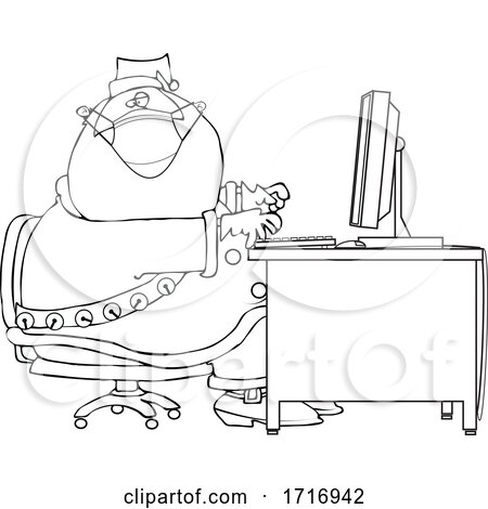 Cartoon Black and White Christmas Santa Claus Wearing a Mask at a Computer Desk by djart