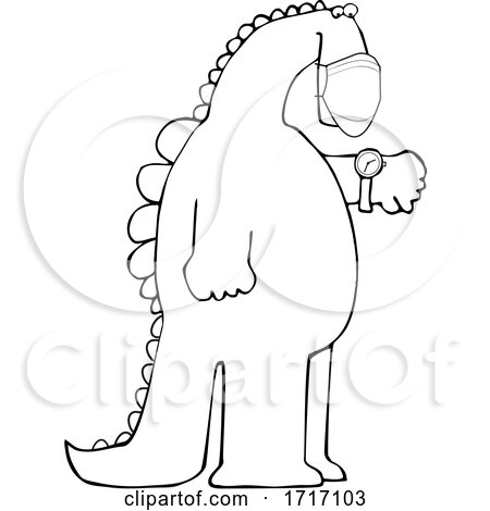 Cartoon Black and White Dinosaur Wearing a Covid Mask and Checking Its Watch by djart