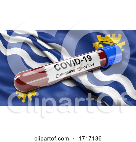 Flag of Merseyside Waving in the Wind with a Positive Covid 19 Blood Test Tube by stockillustrations