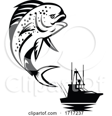 Pompano Dolphinfish Jumping up with Fishing Boat in Background Retro Black and White by patrimonio