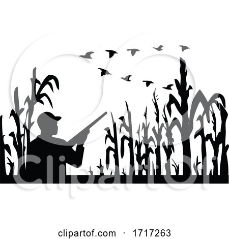 Duck Hunter in Flooded Cornfield with Geese Flying Silhouette Retro by patrimonio