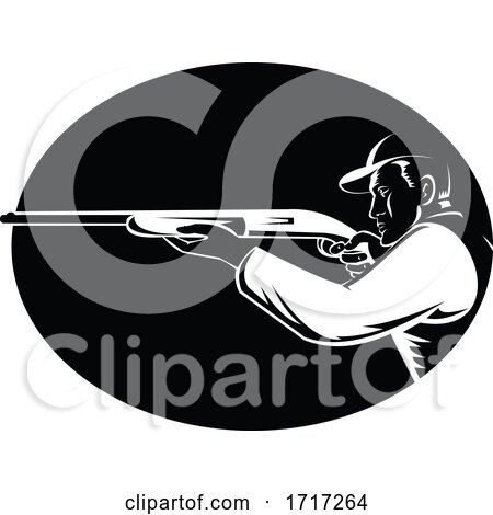 Duck Hunter Aiming Shotgun Shooting Side View Oval Retro Woodcut Black and White by patrimonio
