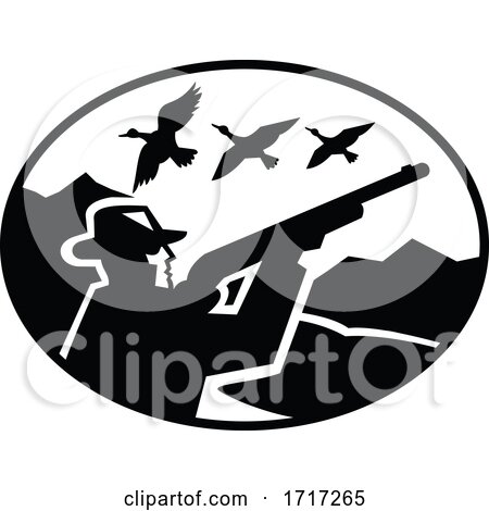 Duck Hunter Aiming Shooting Ducks Mountains Oval Retro Black and White by patrimonio