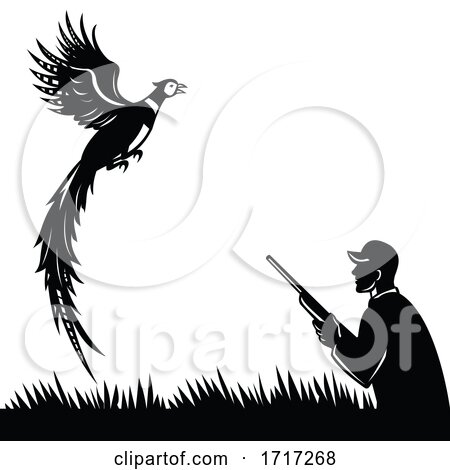 Silhouette of Bird Hunter with Rifle Hunting Pheasant Flying up Retro Black and White by patrimonio