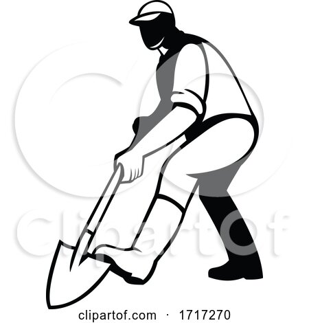 Gardener or Landscaper Shovelling Digging with Spade Shovel Retro Black and White by patrimonio