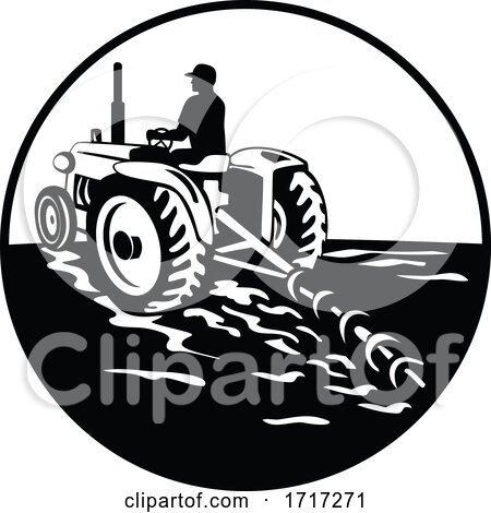 Farmer Driving a Vintage Tractor Viewed from Rear Circle Retro Black and White by patrimonio