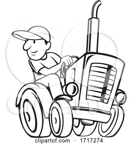 Farmer Riding and Driving a Vintage Farm Tractor Cartoon Black and White by patrimonio