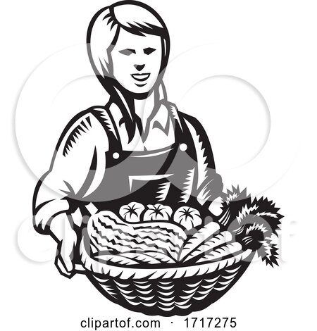 Female Organic Farmer with Basket of Vegetable Farm Produce Harvest Retro Woodcut by patrimonio