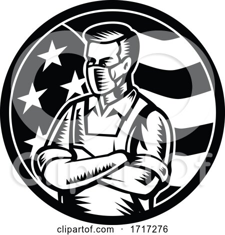 Food Worker Wearing Mask USA Flag Retro Black and White by patrimonio
