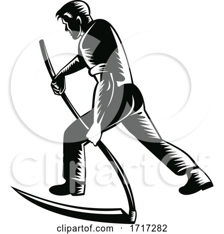 Organic Farmer Working with Scythe Viewed from Rear Retro Black and White by patrimonio