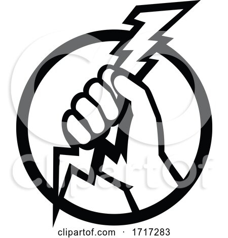Hand of an Electrician Holding Lightning Bolt Retro Black and White by patrimonio