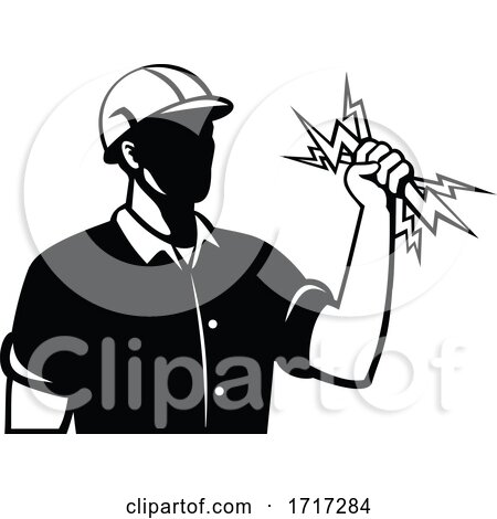 Power Lineman Electrical Worker or Electrician Holding Lightning Bolt Side View Retro Black and White by patrimonio