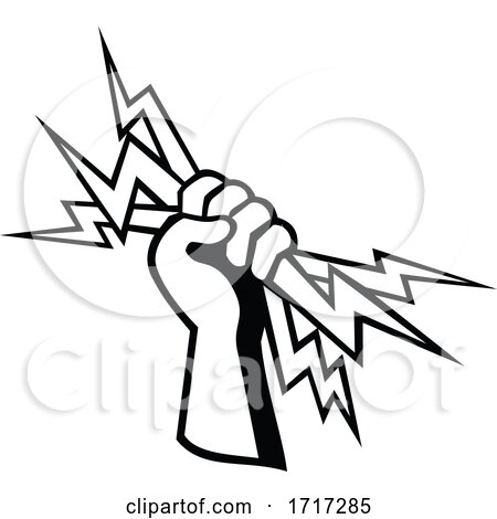 Power Lineman Electrical Worker or Electrician Hand Holding Lightning Bolt Retro Black and White by patrimonio