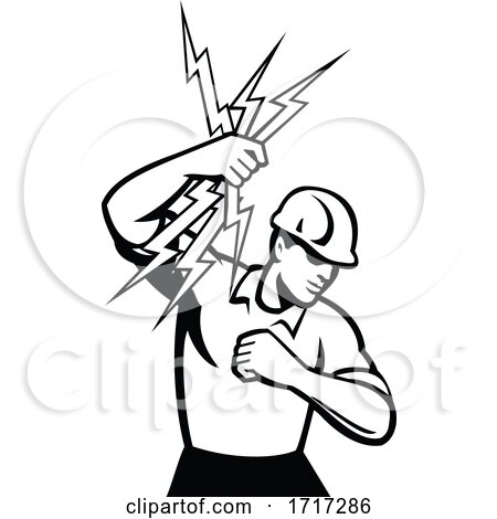 Electrician Holding a Bunch Lightning Bolt Side Retro Black and White by patrimonio