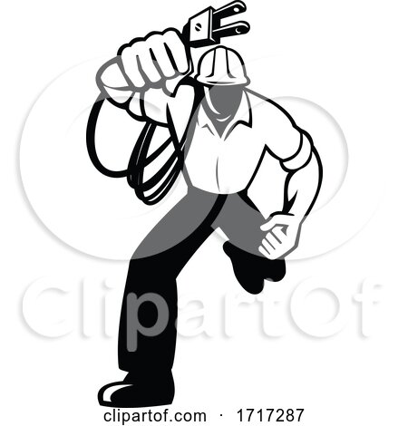 Electrician Construction Worker Power Lineman Holding Electric Plug with Cord Retro Black and White by patrimonio