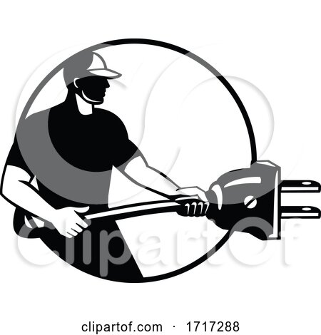 Electrician Electrical Mechanic Carrying Electric Plug Circle Retro Black and White by patrimonio