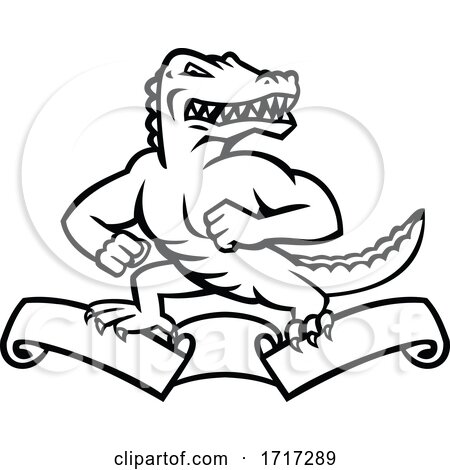 Gator or Alligator Standing on Ribbon Scroll Mascot Black and White by patrimonio