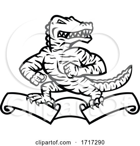 Gator or Alligator in Tiger Stripes Standing on Ribbon Scroll Mascot Black and White by patrimonio