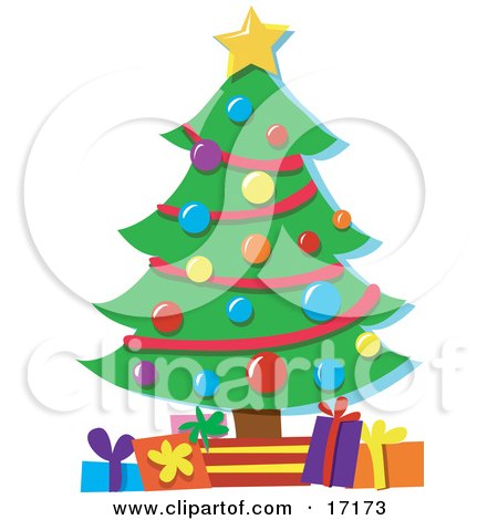Christmas Tree Topped With A Star And Decorated With Baubles With Presents Underneath It Clipart Illustration by Maria Bell