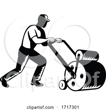 Gardener Landscaper Groundsman or Groundskeeper Pushing Lawn Roller Woodcut Black and White by patrimonio