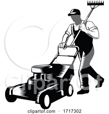 Gardener Landscaper Groundsman or Groundskeeper Pushing Lawn Mower Woodcut Black and White by patrimonio