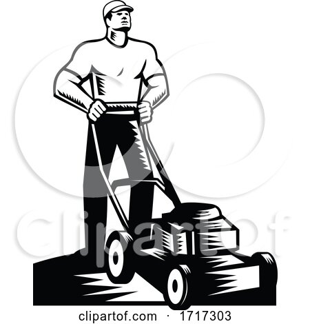 Gardener or Groundskeeper with Lawn Mower Mowing Woodcut Retro by patrimonio
