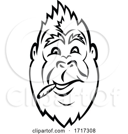 Gorilla Head Smoking Cigarette Cannabis Joint Cartoon Mascot Black and White by patrimonio