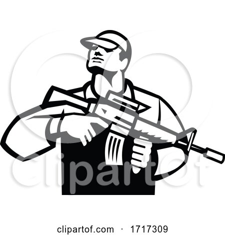 Soldier Military Serviceman Holding Assault Rifle Front View Retro Black and White by patrimonio