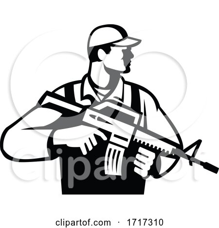 Soldier or Military Serviceman with Assault Rifle Looking Side Retro Black and White by patrimonio