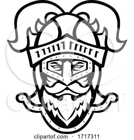 Knight Head Wearing a Helmet with Ostrich Plumage Front Mascot Black and White by patrimonio