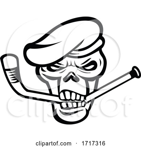 Green Beret Commando Skull Biting an Ice Hockey Stick Mascot Black and White by patrimonio
