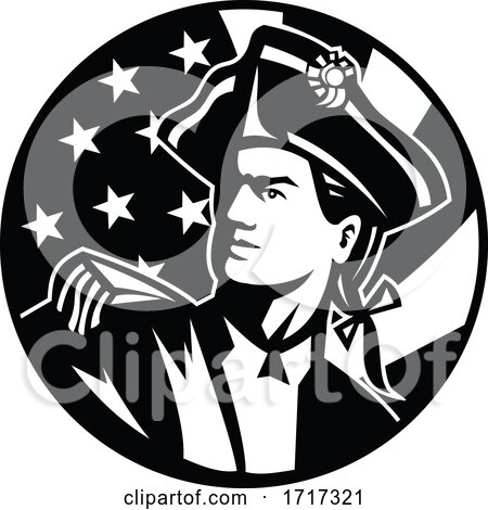 American Patriot Revolutionary Soldier Looking up USA Flag Retro Black and White by patrimonio