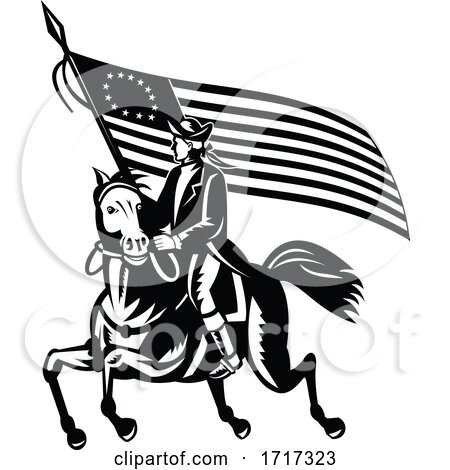 American Patriot Revolutionary General on Horseback with Betsy Rose Flag Retro Black and White by patrimonio