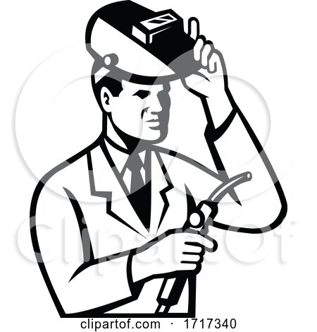 Scientist Researcher with Welding Torch and Welder Visor Black and White by patrimonio