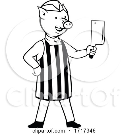 Cartoon Pig Butcher Holding a Cleaver Knife Black and White by patrimonio