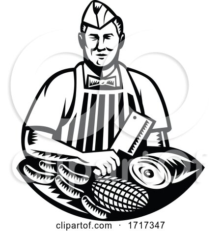 Butcher with Knife and Meat Cuts Retro Woodcut Black and White by patrimonio