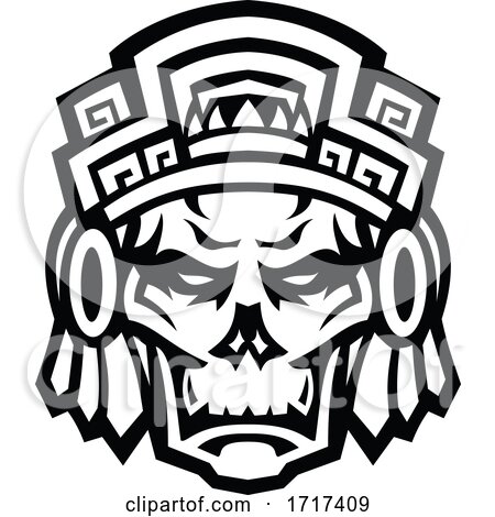 Aztec Warrior Skull Viewed from Front Mascot Black and White by patrimonio