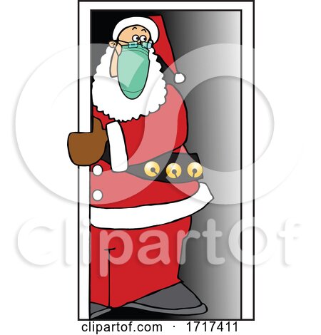 Cartoon Covid Christmas Santa Wearing a Mask in a Doorway by djart