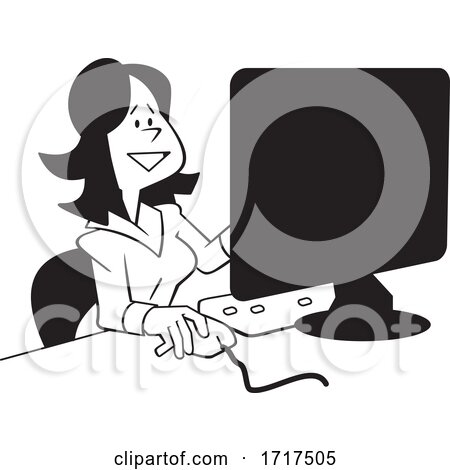 Cartoon Black and White Happy Business Woman Working at a Computer Desk by Johnny Sajem