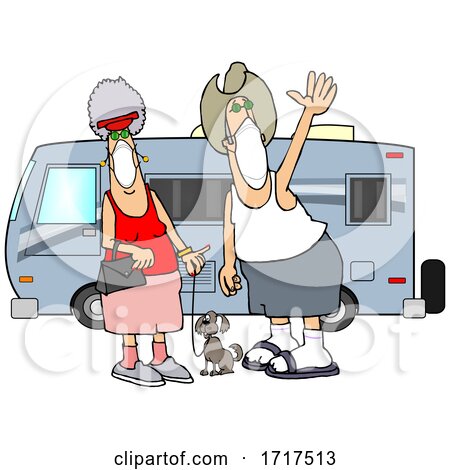 Cartoon Happy Couple Wearing Masks and Standing with Their Dog by Their Camper Trailer by djart