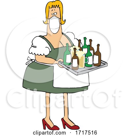 Cartoon Oktoberfest Beer Maiden Wearing a Mask and Serving Beer in Mugs and Bottles by djart