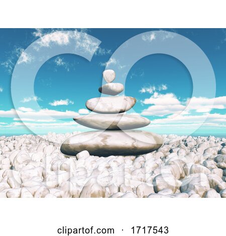 3D Landscape with Balancing Zen Pebbles with Sunny Blue Sky by KJ Pargeter