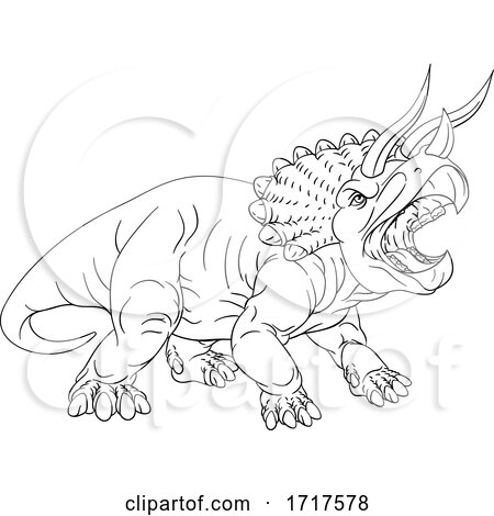Black and White Roaring Angry Triceratops Dinosaur Facing Right by AtStockIllustration