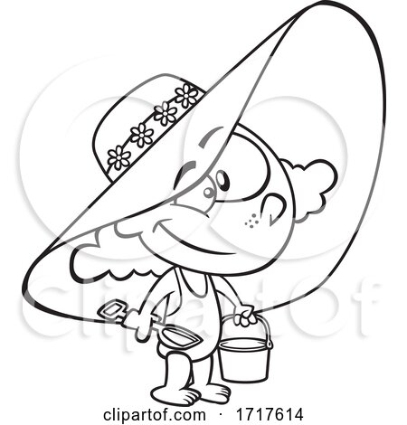 Cartoon Outline Girl Wearing a Beach Hat and Swimsuit and Carrying a Beach Bucket by toonaday