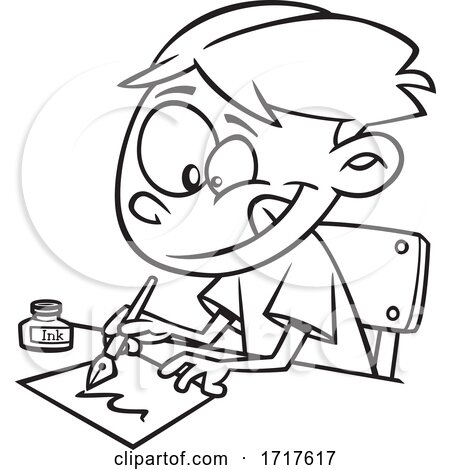 Cartoon Outline Boy Writing with a Fountain Pen by toonaday
