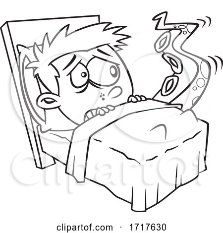 Cartoon Outline Scared Boy with a Tentacled Monster Emerging from Under the Bed by toonaday