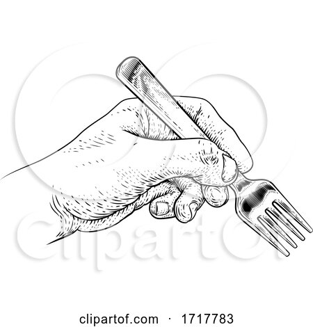Hand with Food Eating Fork Vintage Woodcut Print by AtStockIllustration