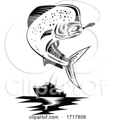 Mahi Mahi Dorado Dolphinfish Jumping up with Fishing Boat Retro Black and White by patrimonio